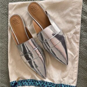 Tory Burch Silver Metallic Mules with Pointed Toe